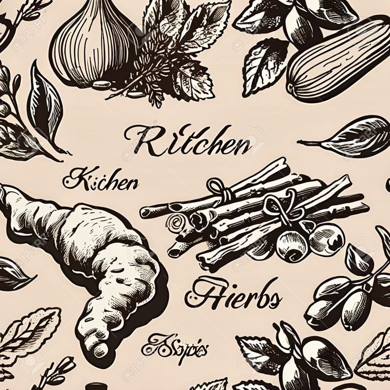 Nahtlose Muster der Küchenkräuter und Gewürze. Hand gezeichnete Skizze Abbildungen