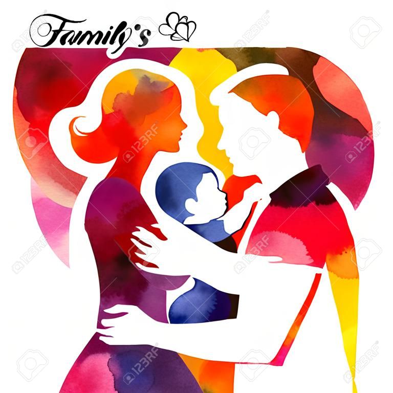 家庭。水彩母親剪影與她的孩子和丈夫。卡母親節快樂。矢量插圖美麗的女人，男人和兒童