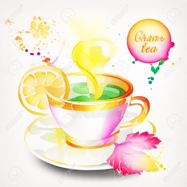 Aquarela mão desenhada ilustração vetorial de chá pintado. Design do menu