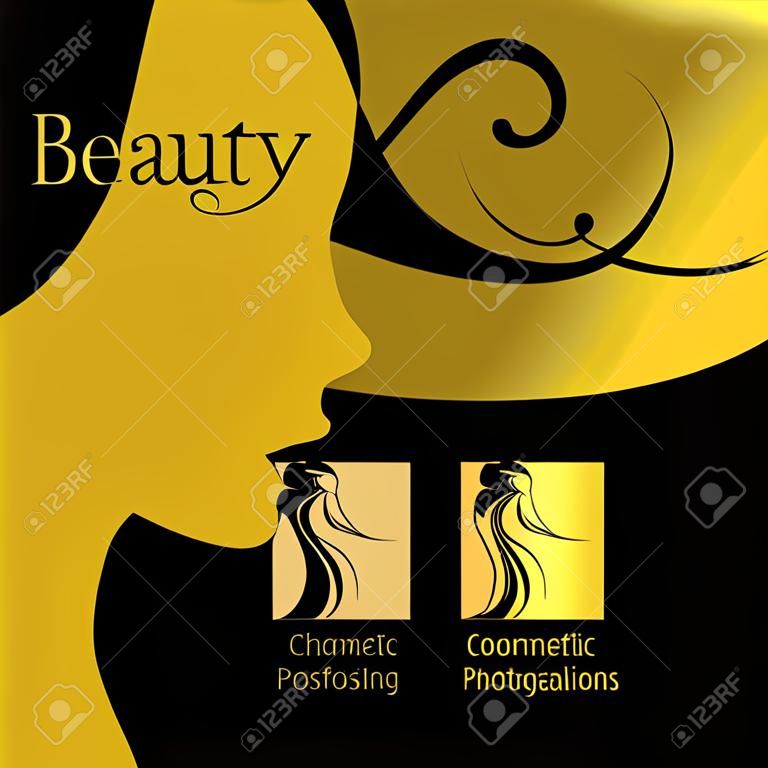 Gold beautiful girl silhouette. Vector illustration of woman beauty salon design. Infographics for cosmetic salon. Beauty courses and training poster