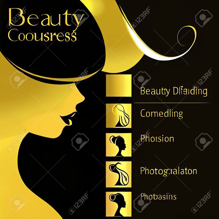 Gold beautiful girl silhouette. Vector illustration of woman beauty salon design. Infographics for cosmetic salon. Beauty courses and training poster