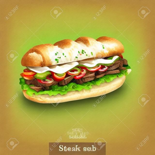 Hand getekende schets biefstuk sub sandwich