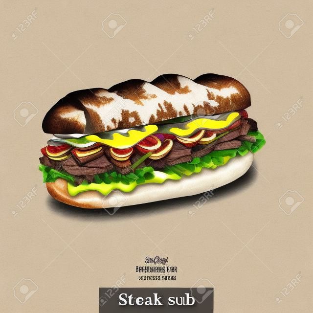 Schizzo disegnato a mano bistecca sub sandwich