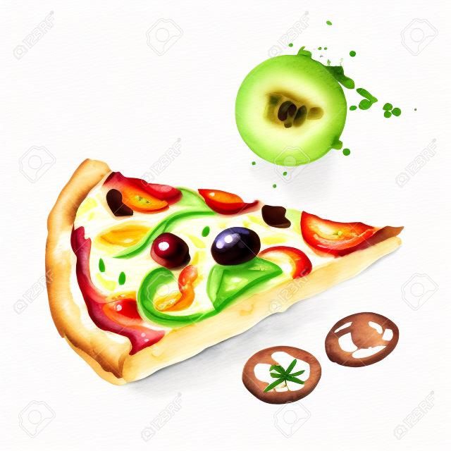 水彩披薩和橄欖。在白色背景上孤立的食物插圖