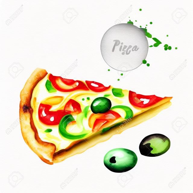 Acquerello pizza e olive. Illustrazione cibo isolato su sfondo bianco