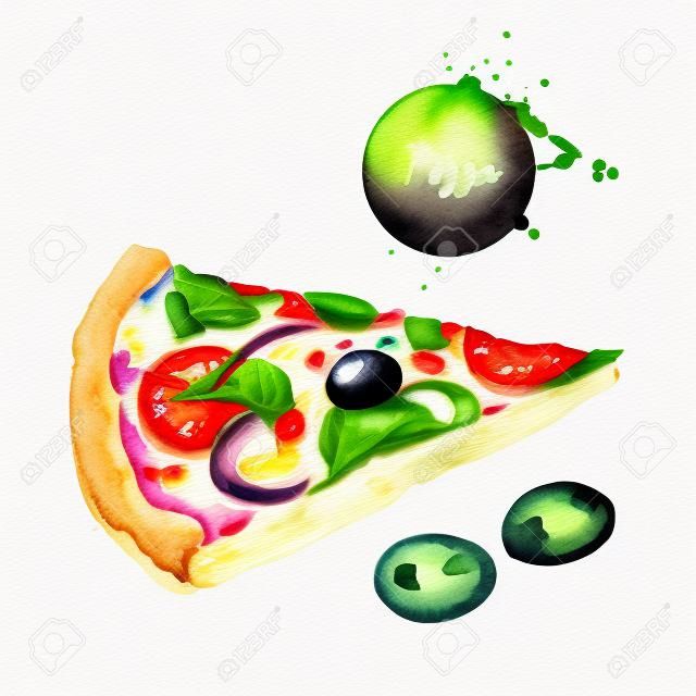 水彩披薩和橄欖。在白色背景上孤立的食物插圖