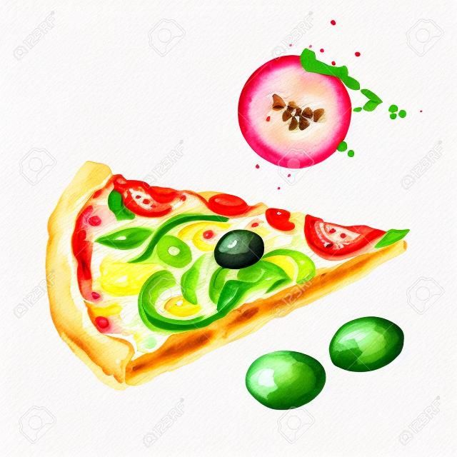 Aquarell Pizza und Oliven. Isolierte Lebensmittel Illustration auf weißem Hintergrund