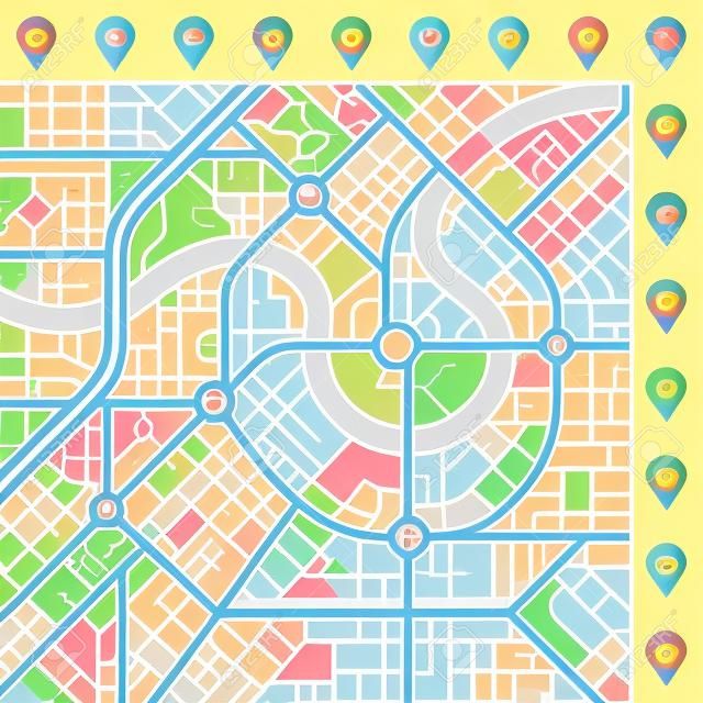 Een algemene stadskaart van een denkbeeldige stad met lichte kleuren met vele schattige belangrijke plaatsen pictogrammen.