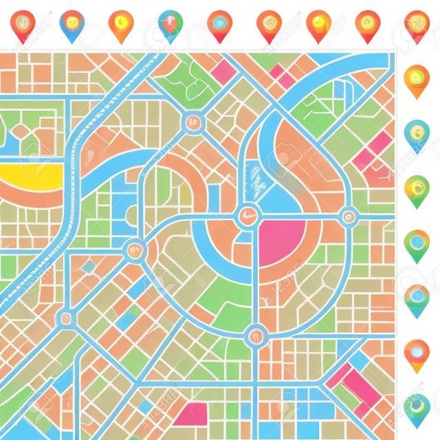 Un mapa de la ciudad genérica de una ciudad imaginaria con colores claros con muchos lugares importantes iconos lindos.