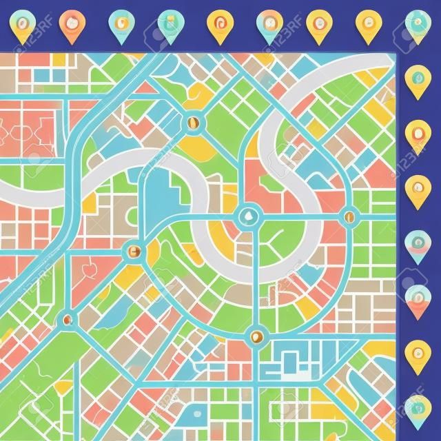 Een algemene stadskaart van een denkbeeldige stad met lichte kleuren met vele schattige belangrijke plaatsen pictogrammen.