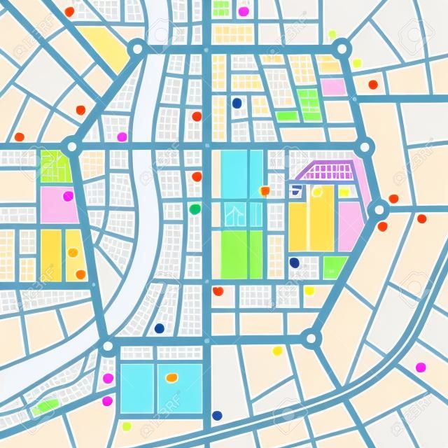 Una mappa della città generica di una città immaginaria con colori chiari, con alcune importanti icone carino luoghi.