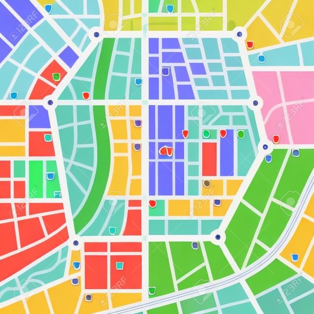 Una mappa della città generica di una città immaginaria con colori chiari, con alcune importanti icone carino luoghi.