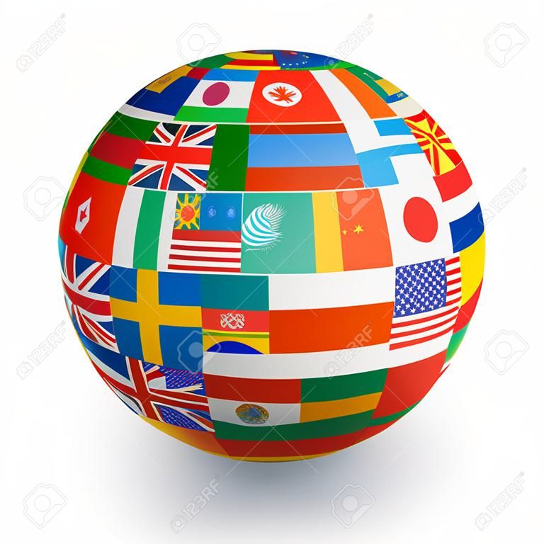 Een 3D wereldbol samengesteld door de vlaggen van de belangrijkste landen in de wereld