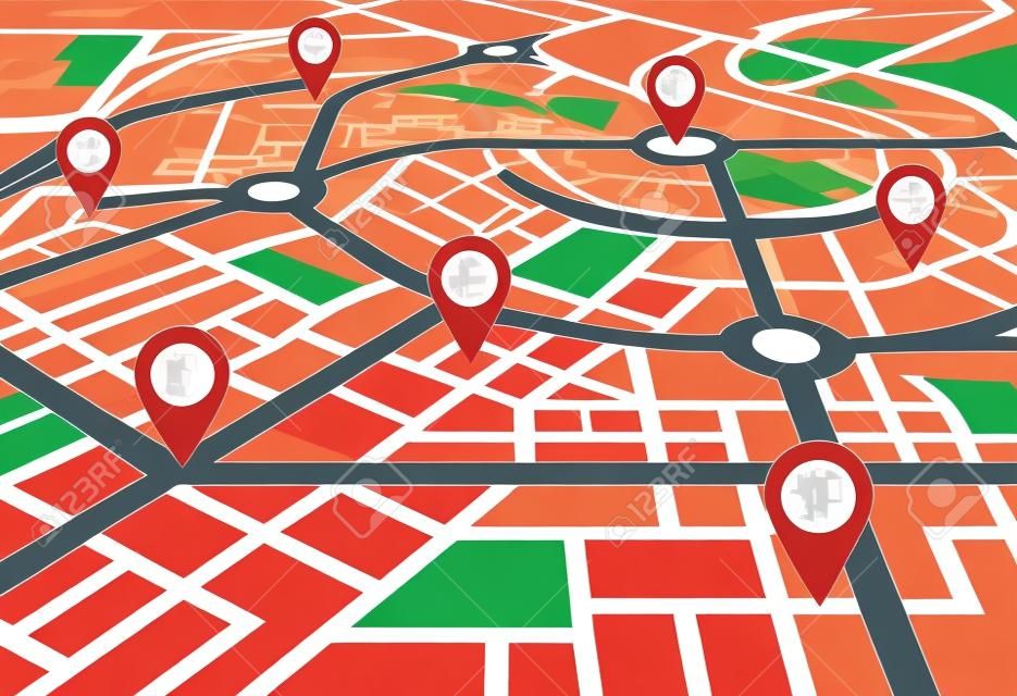 Vector Perspective city map with red markers and rounded icons