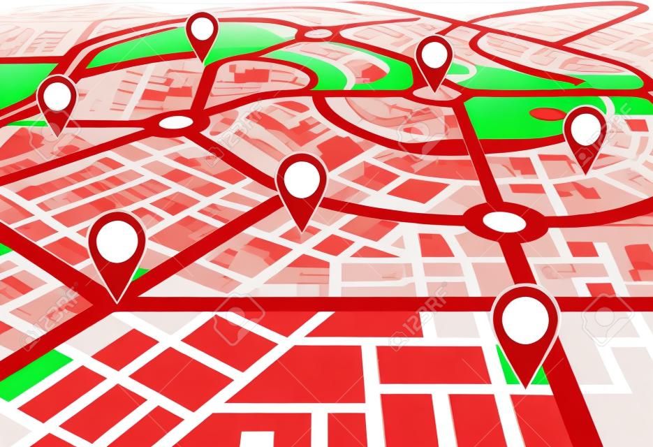 kırmızı belirteçler ve yuvarlak simgeleri ile Vektör Perspektif şehir haritası