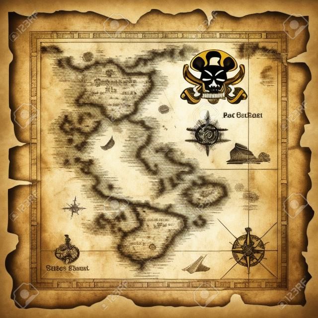 Vector super detailed Pirate Treasure map on a ruined old Parchment. All elements are organized with layers.