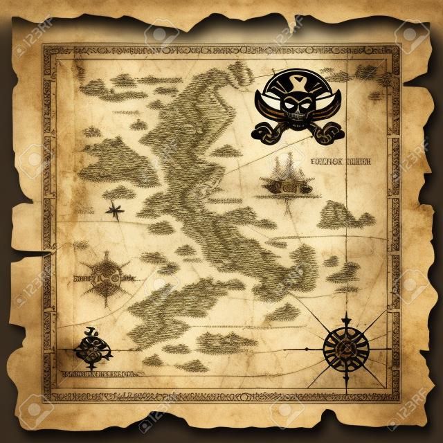 Vector muy detallado mapa del tesoro del pirata en un pergamino viejo en ruinas. Todos los elementos están organizados con capas.