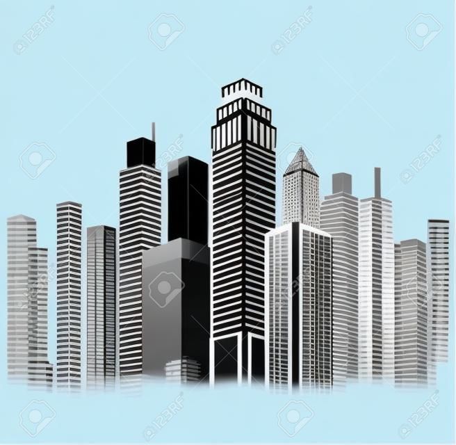 Vector illustration of black and white skyscrapers, with white buildings and black windows. All windows shapes are present so you can easily edit window colors.