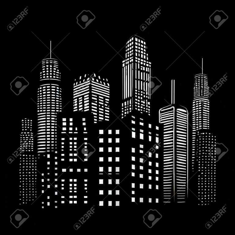ilustración vectorial de los rascacielos en blanco y negro, con edificios negros y ventanas blancas. Todas las formas de las ventanas están presentes para que pueda editar fácilmente los colores de las ventanas.