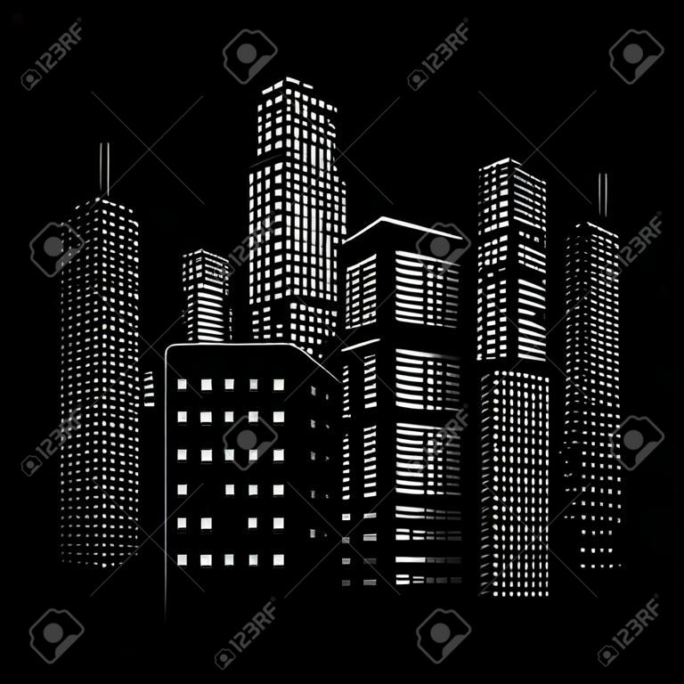 Vector illustration of black and white skyscrapers, with black buildings and white windows. All windows shapes are present so you can easily edit window colors.