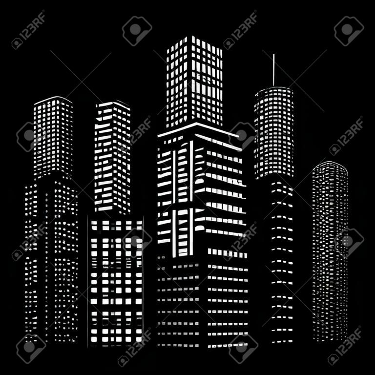 Vektor-Illustration der schwarzen und weißen Wolkenkratzern, mit schwarzen Gebäuden und weißen Fenstern. Alle Fenster Formen vorhanden sind, so können Sie leicht Fensterfarben bearbeiten.