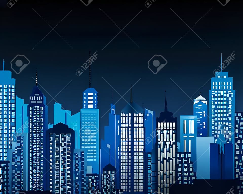 都市の夜景の高い細部の青い背景から成る一般的な建物や高層ビルのイラストがたくさん