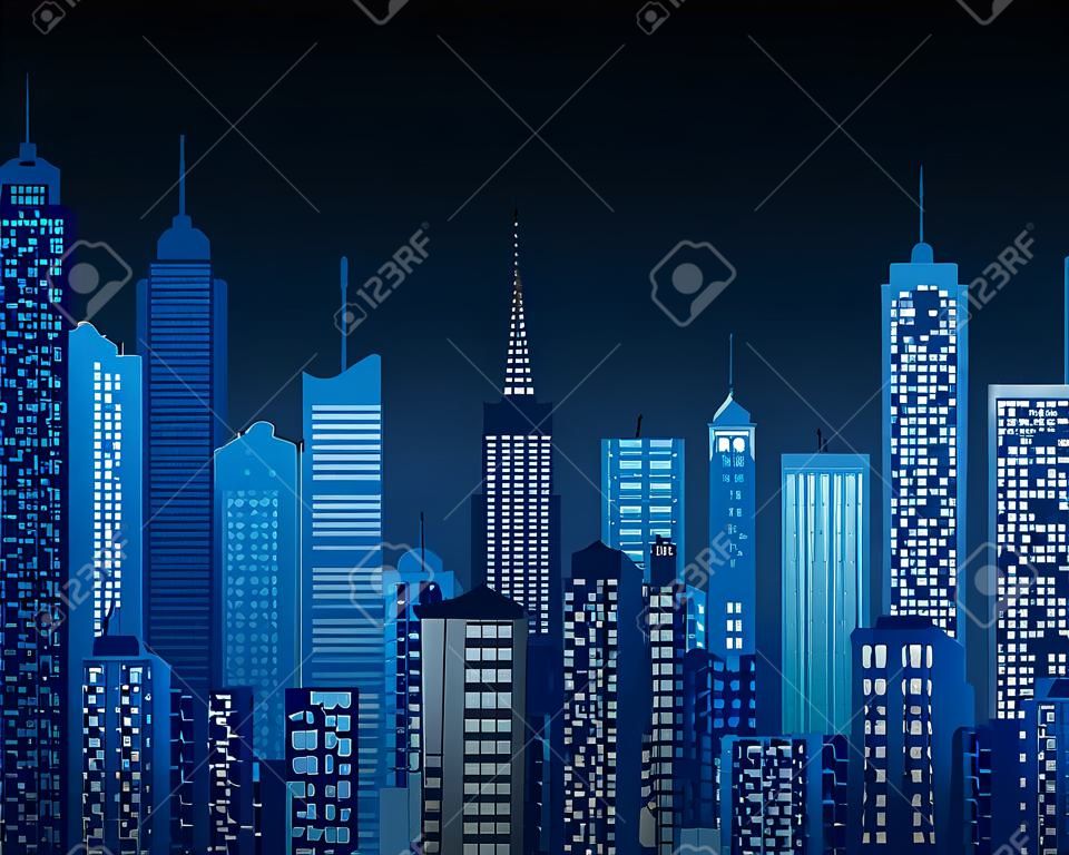 Niebieski wysokiej szczegółowo tło widoku nocnego miasta składa się z wieloma ilustracjami budynków generycznych i wieżowców