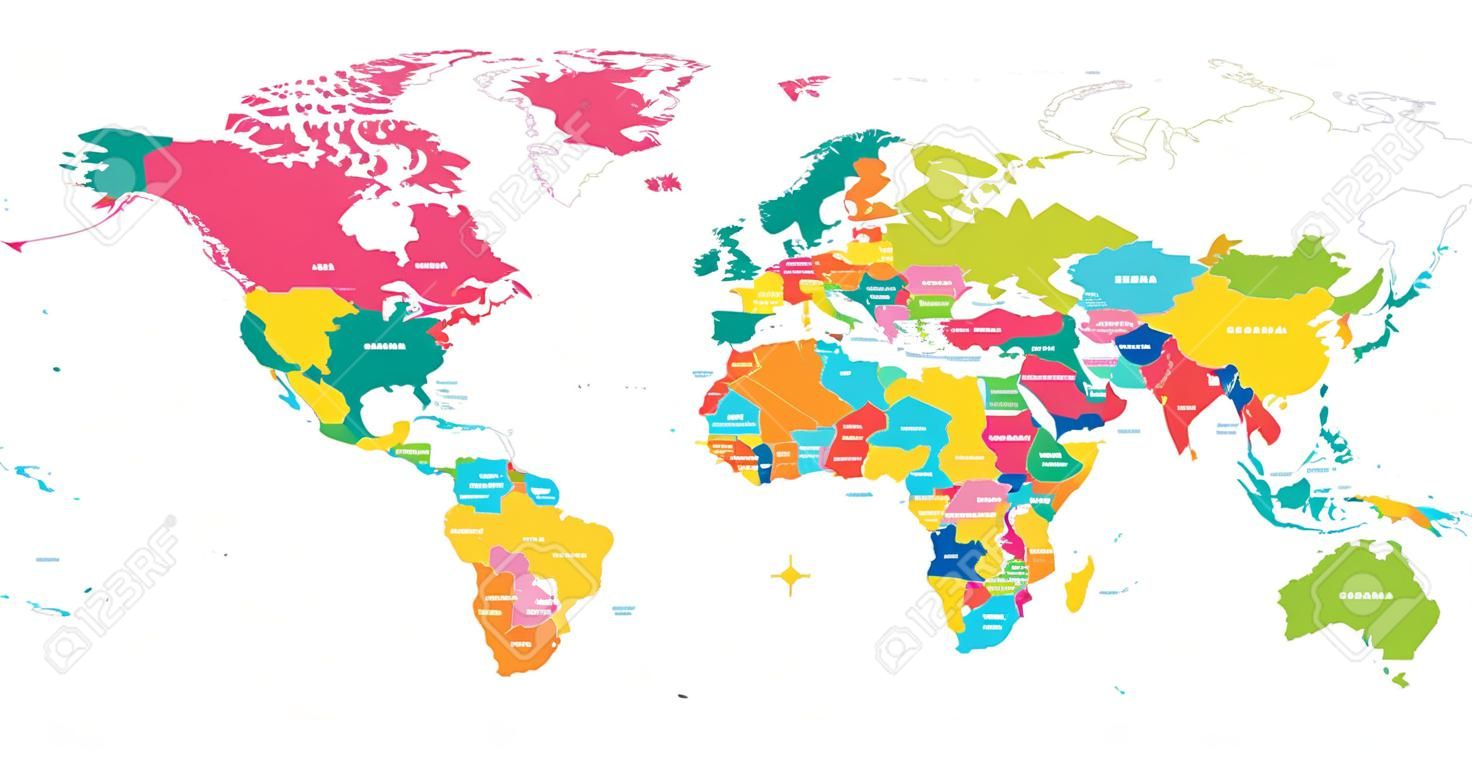 Красочная привет подробная векторная карта мира с названиями всех стран