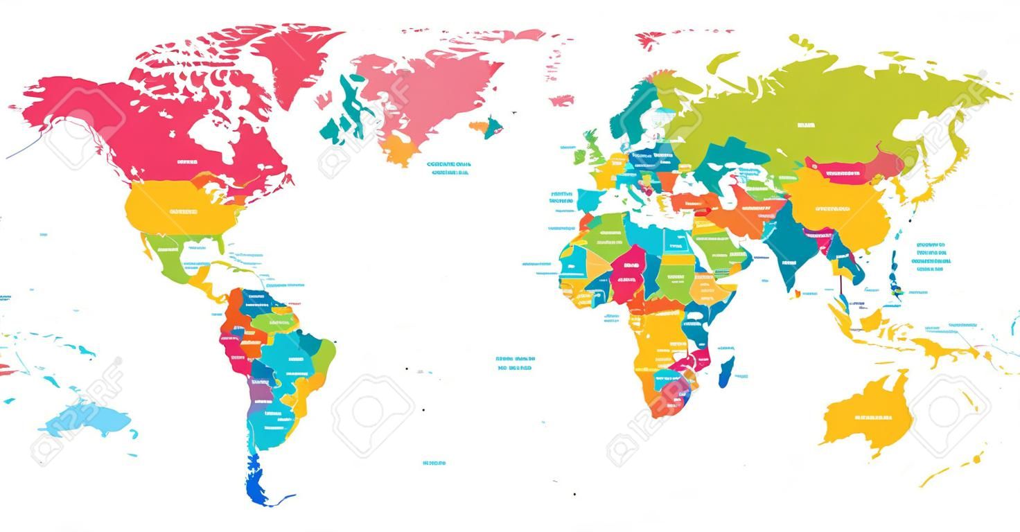 彩色的嗨詳細的矢量世界地圖，所有國家的名字都完整