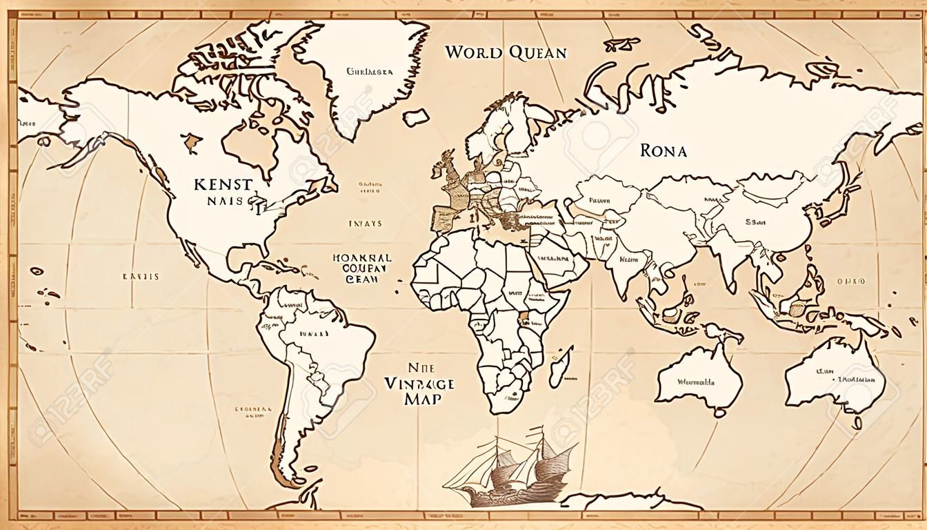 Great detail Illustration of the world map in vintage style.