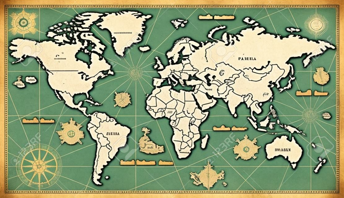 Great detail Illustration of the world map in vintage style on old parchment background.