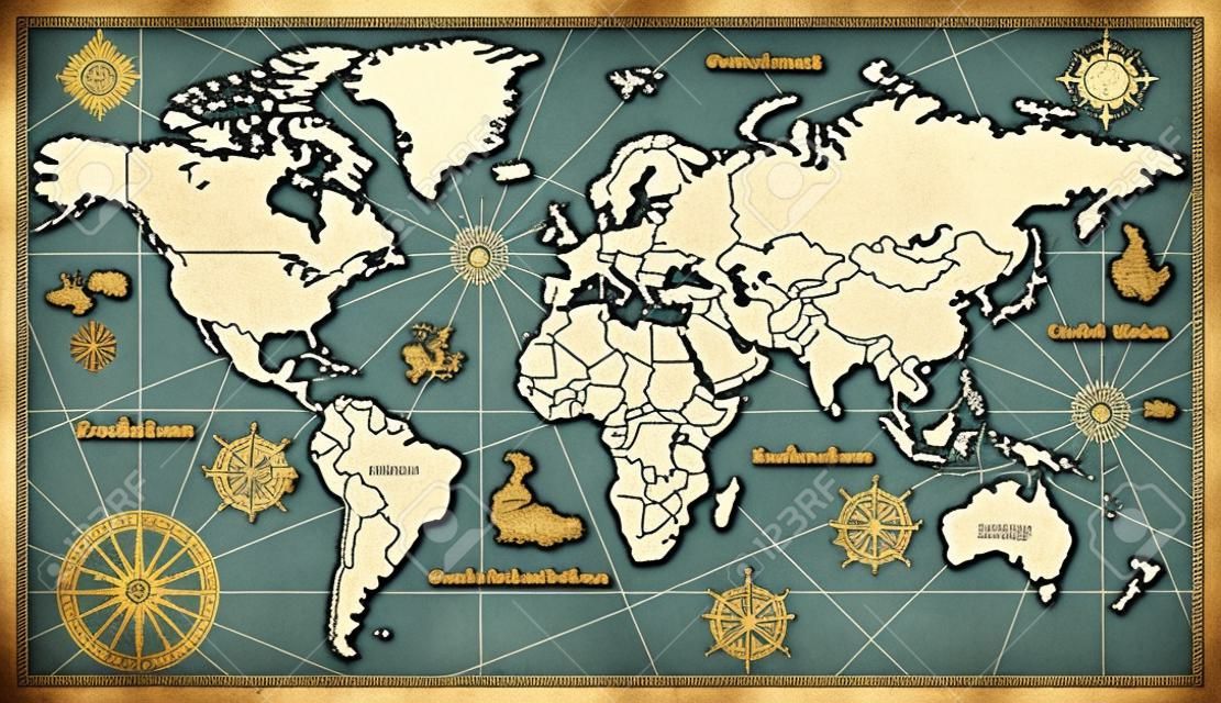 Great detail Illustration of the world map in vintage style on old parchment background.