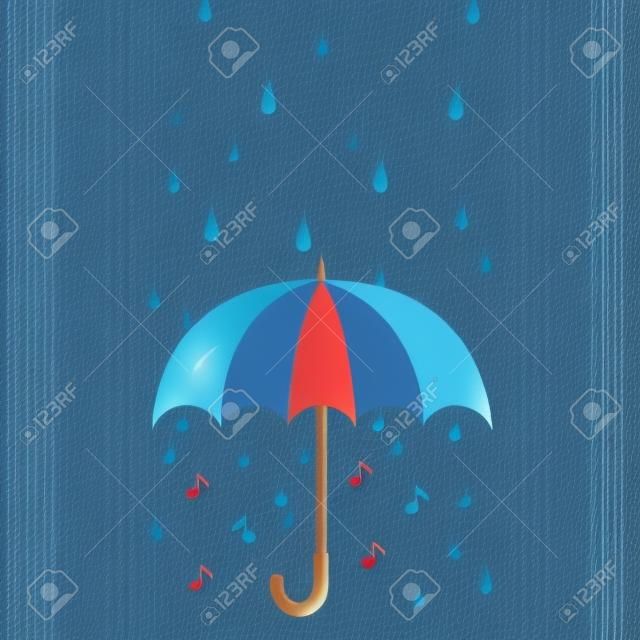 Fond musical avec parapluie et pluie. Illustration vectorielle de style plat