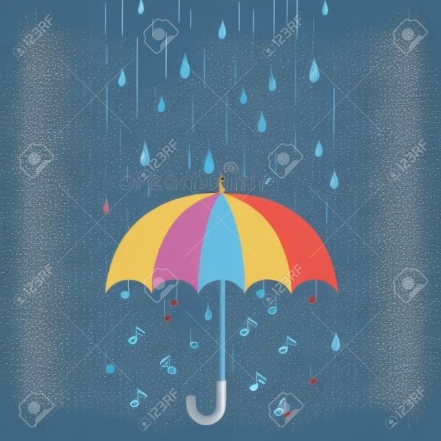 Muzikale achtergrond met paraplu en regen. Platte stijl vector illustratie