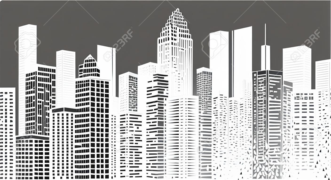 Vettore astratto della città, paesaggio trasparente della città, edificio a punti nella notte City
