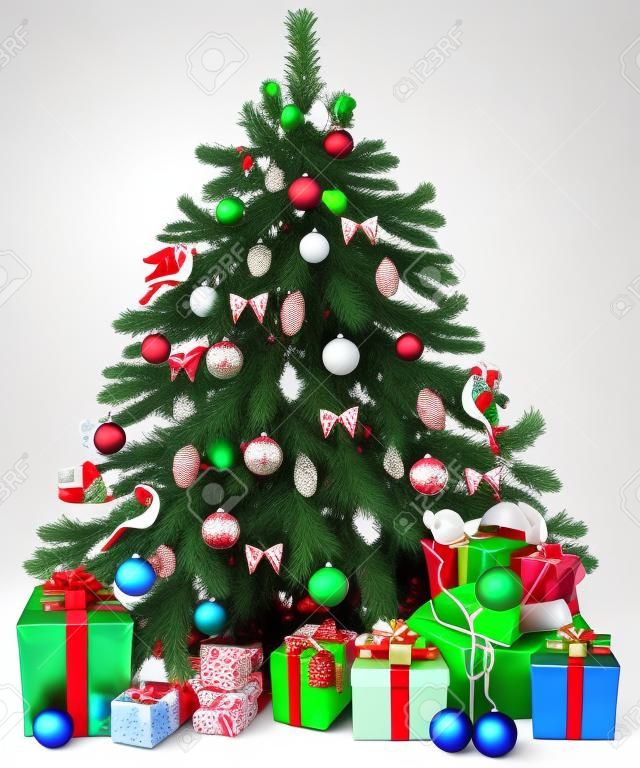 Herausgeputzte Weihnachtsbaum mit Geschenken und Spielzeug Enthält transparente Objekte