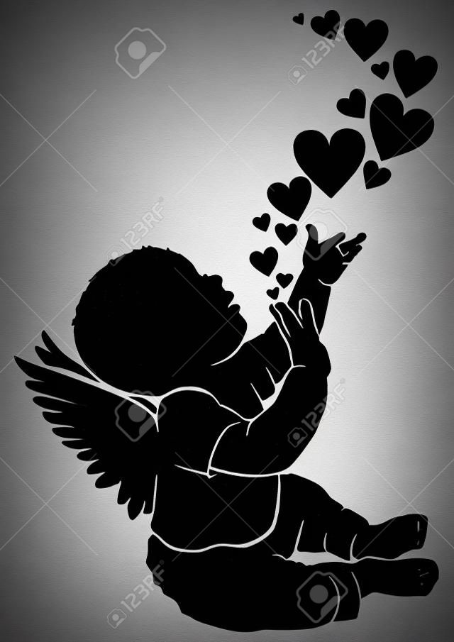 Silhouette baby angel with flying heart