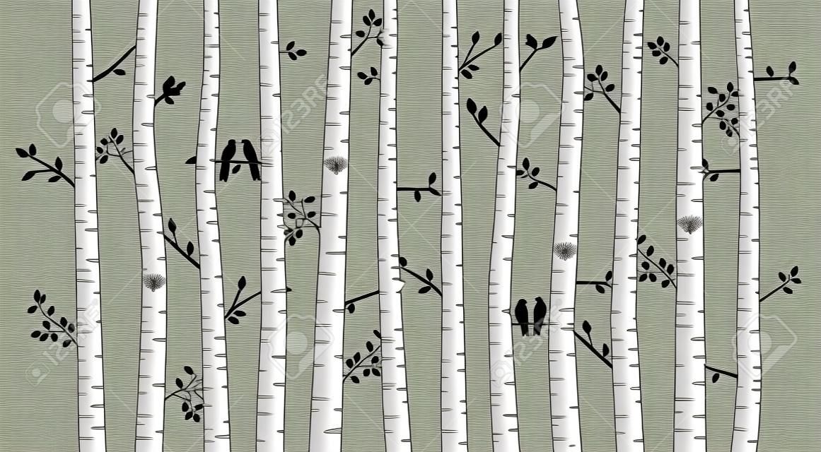 Black and White Vector Birch Tree Silhouette Background with Birds