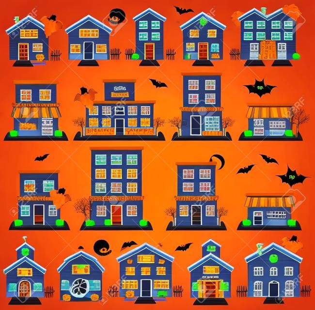 Vector Halloween Town with Haunted Houses, Shops, School, Church and Buildings