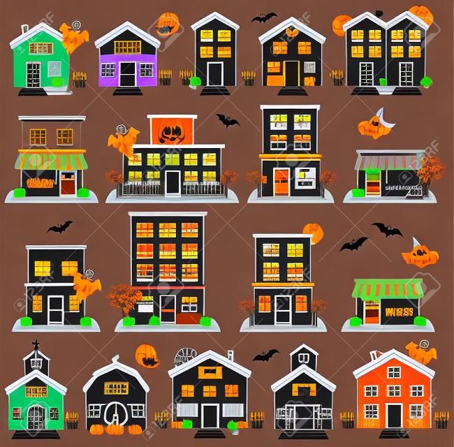 Grafik Halloween Town mit Haunted Houses, Geschäfte, Schule, Kirche und Gebäude