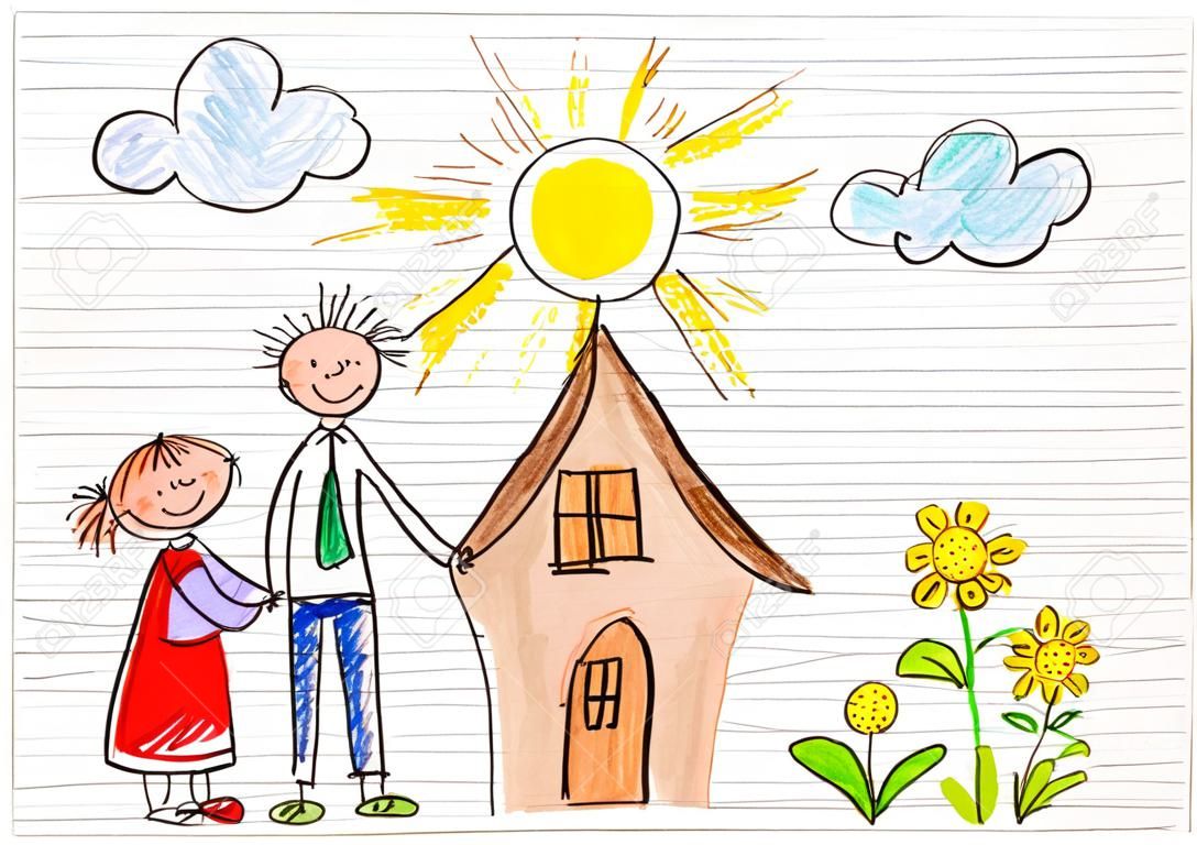 Kinder zeichnen glückliche Familie auf einem Stück Papier