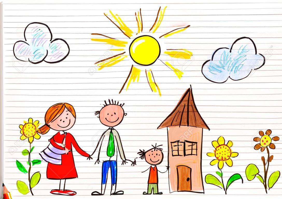 Los niños de dibujo de la familia feliz en un trozo de papel