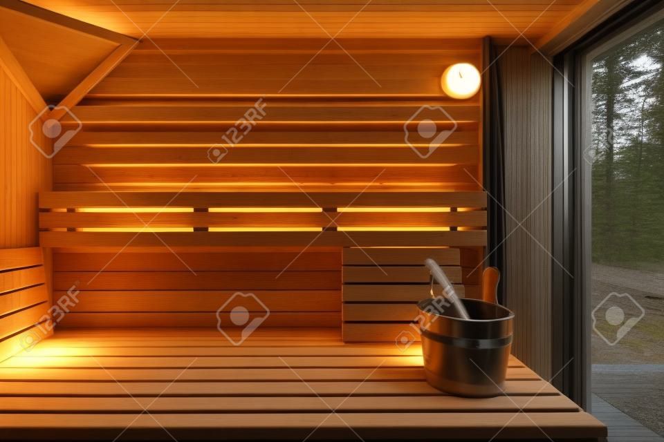 木製芬蘭桑拿浴室的內部