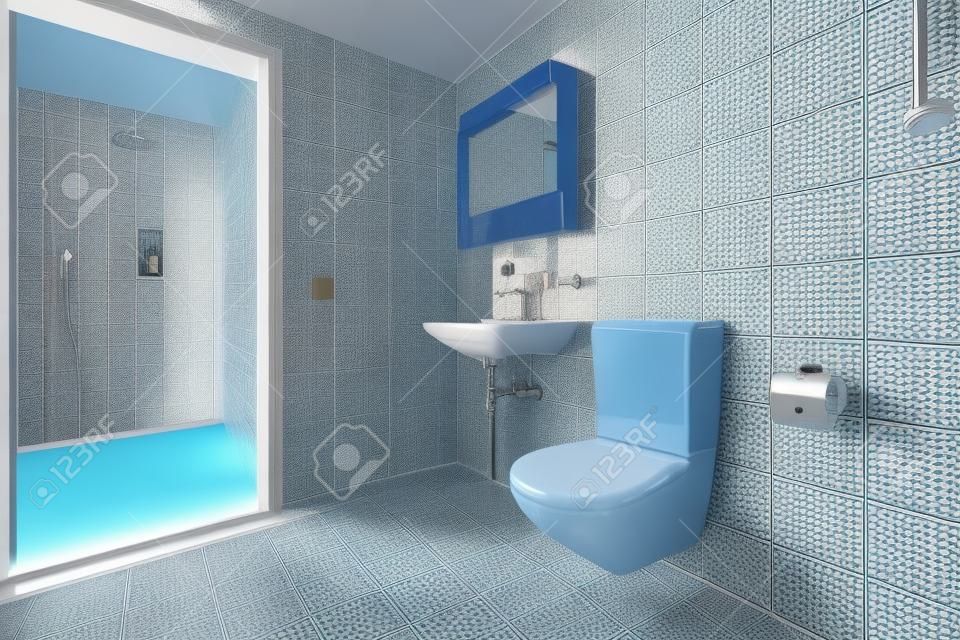 Salle de bain avec carrelage bleu vintage. Lavabo et toilette. Personne à l'intérieur.