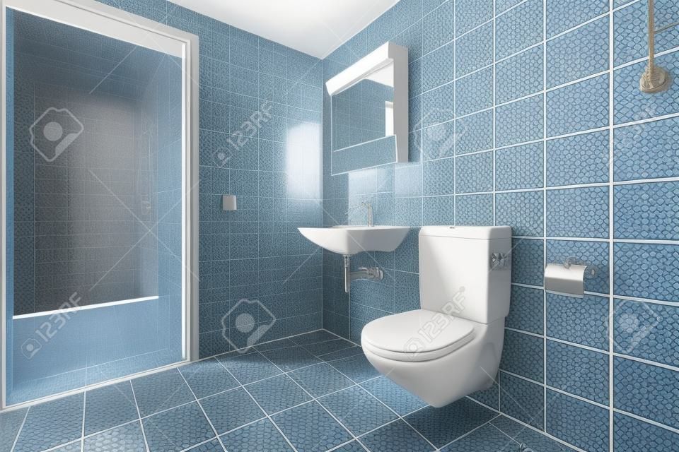 Salle de bain avec carrelage bleu vintage. Lavabo et toilette. Personne à l'intérieur.