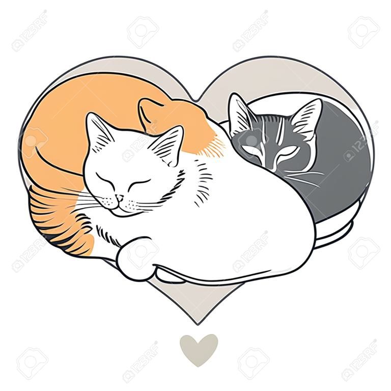 三隻貓躺在心臟的形狀。矢量手工繪製插圖