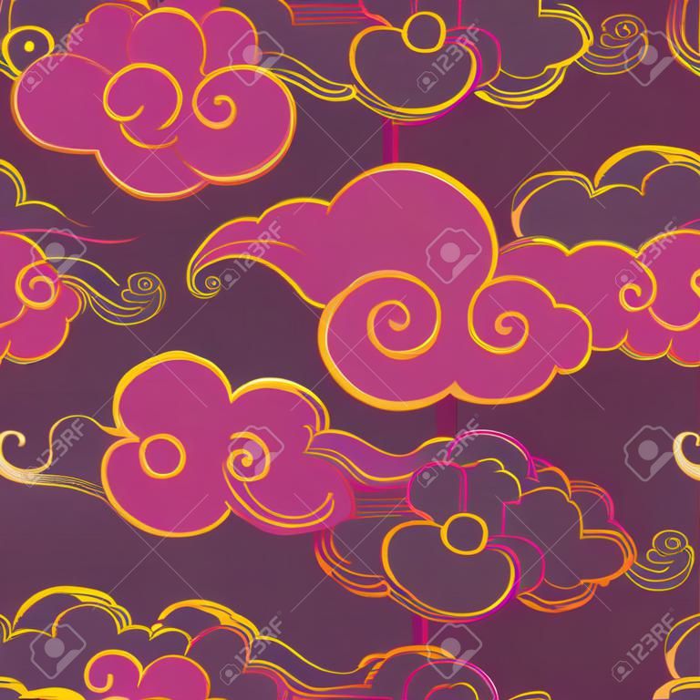 Traditional oriental ornament in purple tones. Clouds on the sky. Vector seamless pattern