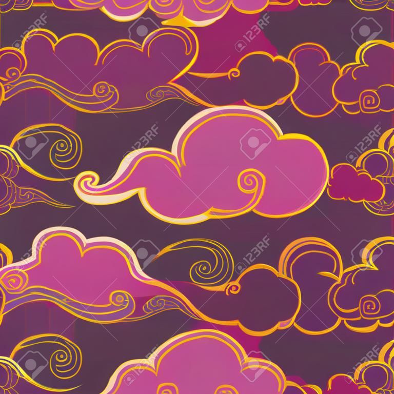 Tradycyjne orientalne ornament w odcieniach fioletu. Chmury na niebie. Wektor bez szwu