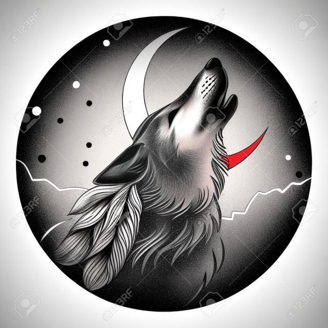 Cabeça de lobo uivante. Desenho de tatuagem. Design de logotipo. Ilustração vetorial