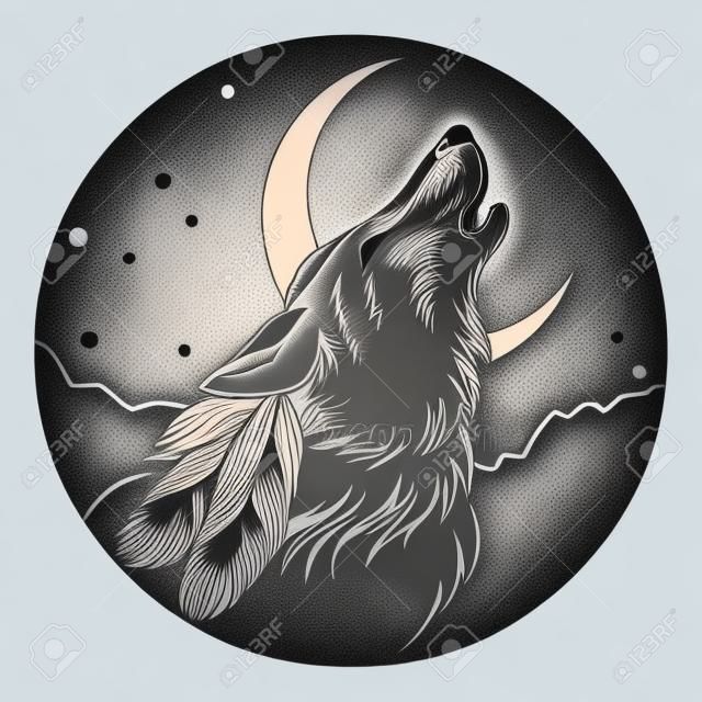 Cabeça de lobo uivante. Desenho de tatuagem. Design de logotipo. Ilustração vetorial